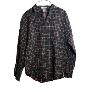 VTG Maggie & Max Women Black Checkered Long Sleeve BirdHouses Embroidery SZ‎ L
